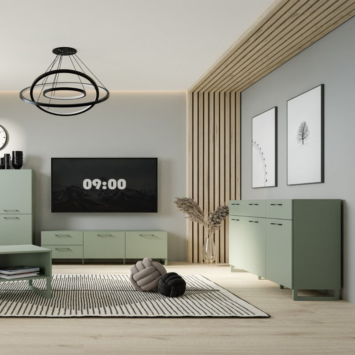 Sali sage green 3 door 3 drawer sideboard with black handles, modern soft-close storage unit for bedrooms or living rooms