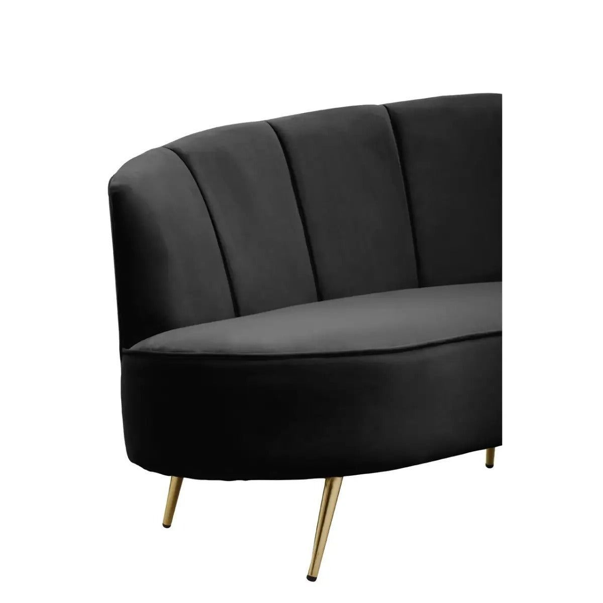 Black velvet curved sofa with pleated back and gold legs, 3 seater mid-century style