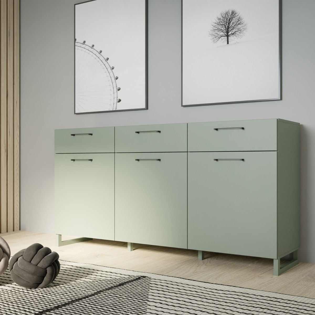 Sali sage green 3 door 3 drawer sideboard with black handles, modern soft-close storage unit for bedrooms or living rooms