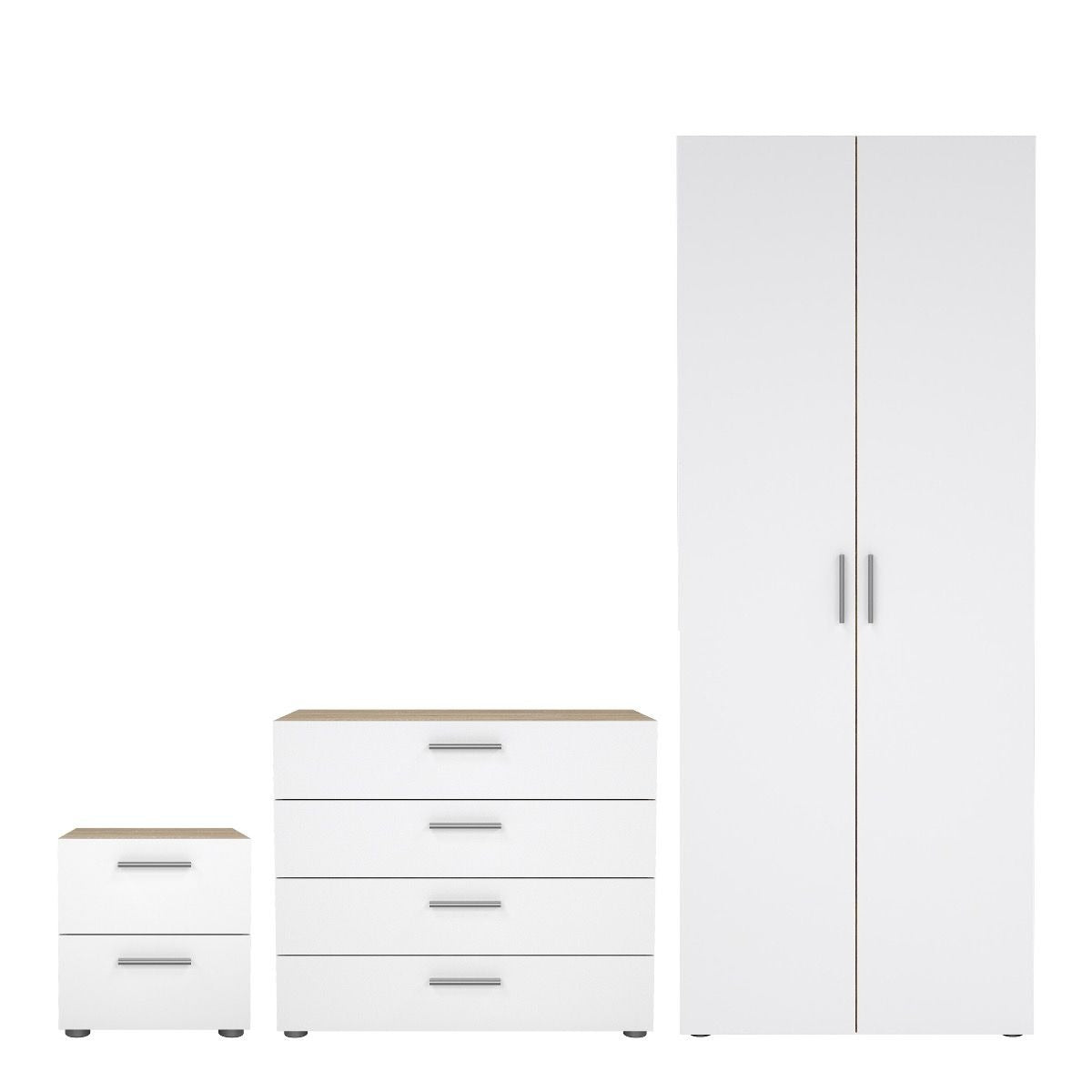 Modern white gloss and oak bedroom furniture set including wardrobe and drawers.