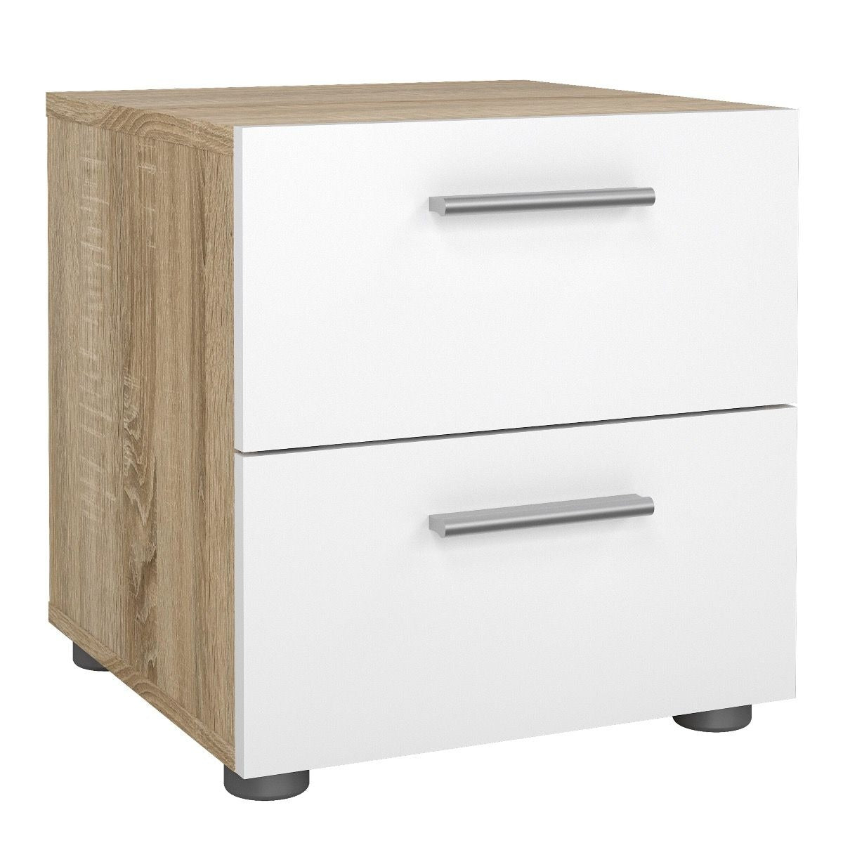 Modern white gloss and oak bedroom furniture set including wardrobe and drawers.