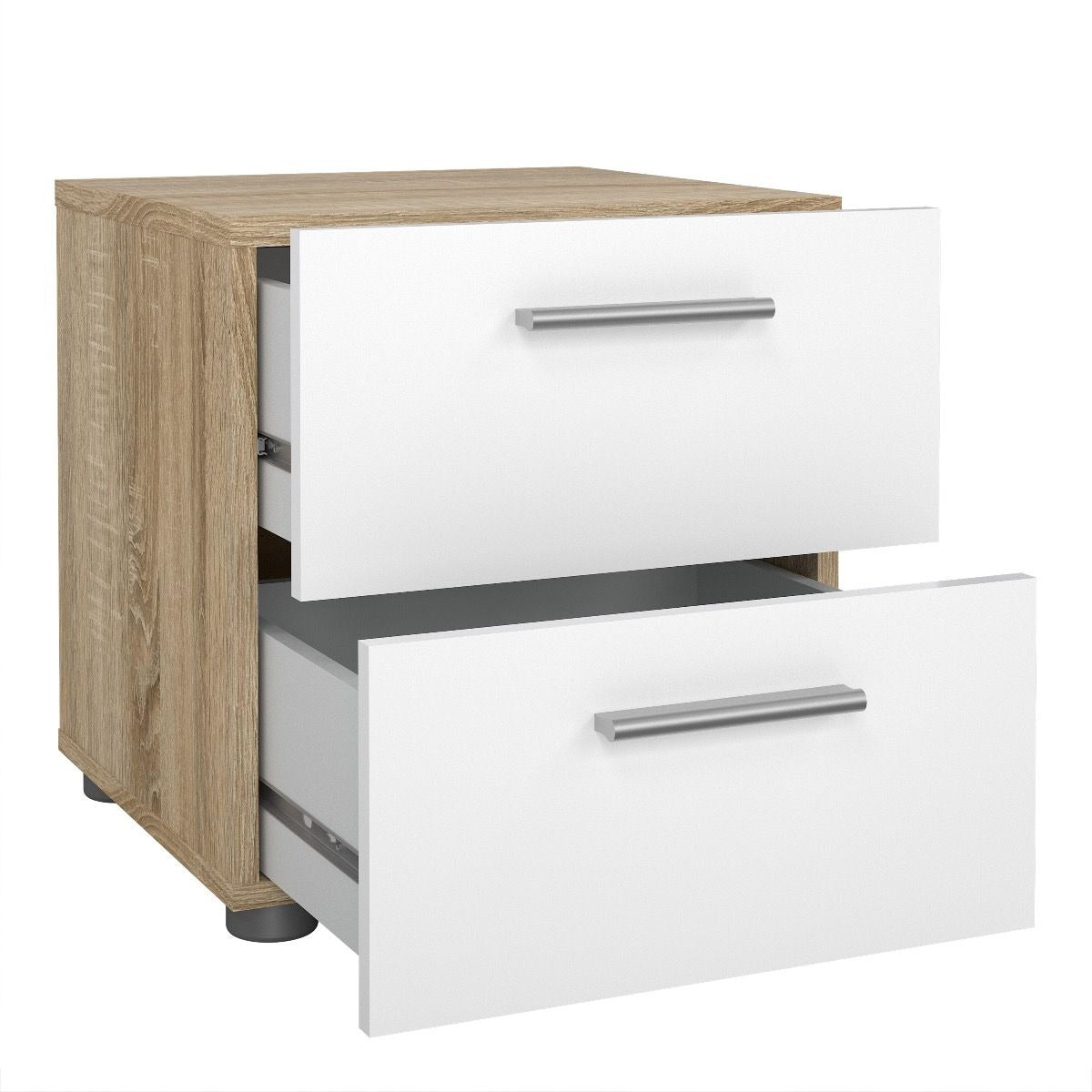 Modern white gloss and oak bedroom furniture set including wardrobe and drawers.