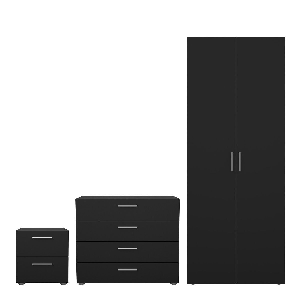 Modern oak and matt black bedroom furniture set including wardrobe and drawers.