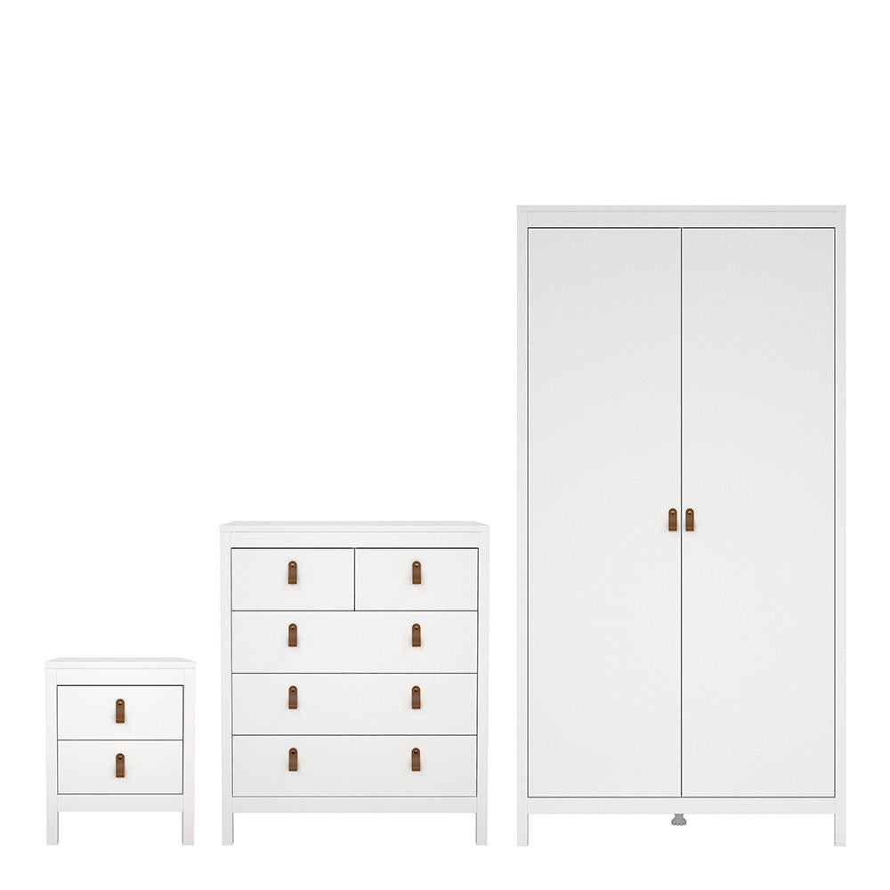 White bedroom furniture set with a wardrobe, chest of drawers, and nightstand on a white background