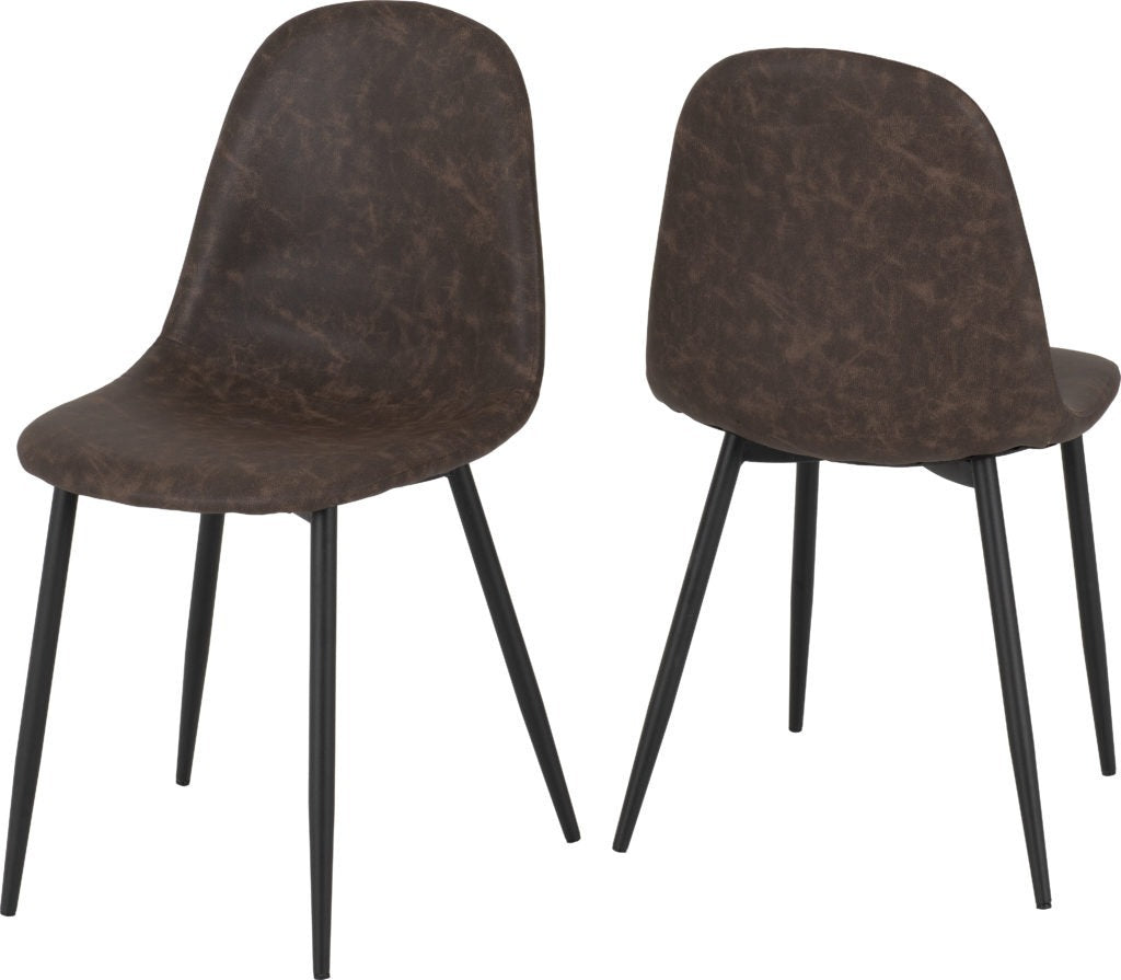 Set of 2 brown faux leather dining chairs with padded seat and black metal legs – Athens chair set