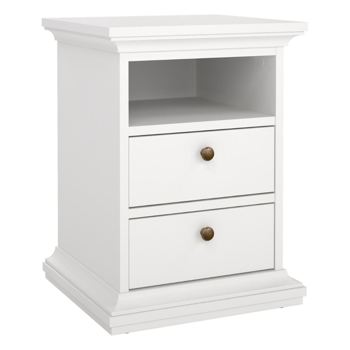 Paris 3-piece white bedroom set with wardrobe, chest, and bedside table.