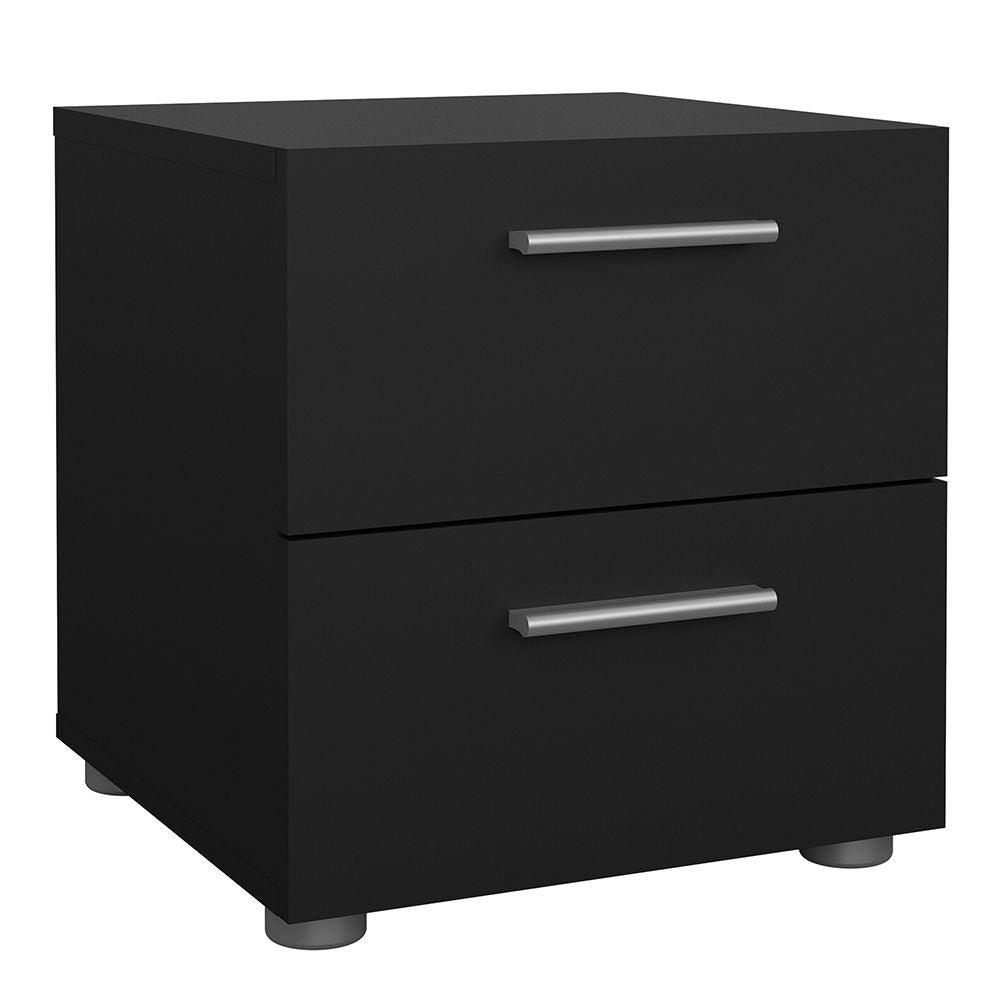 Modern oak and matt black bedroom furniture set including wardrobe and drawers.