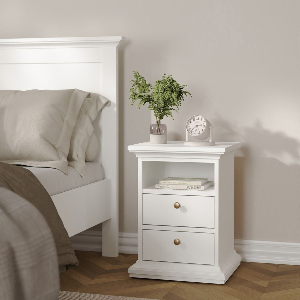 Paris 3-piece white bedroom set with wardrobe, chest, and bedside table.