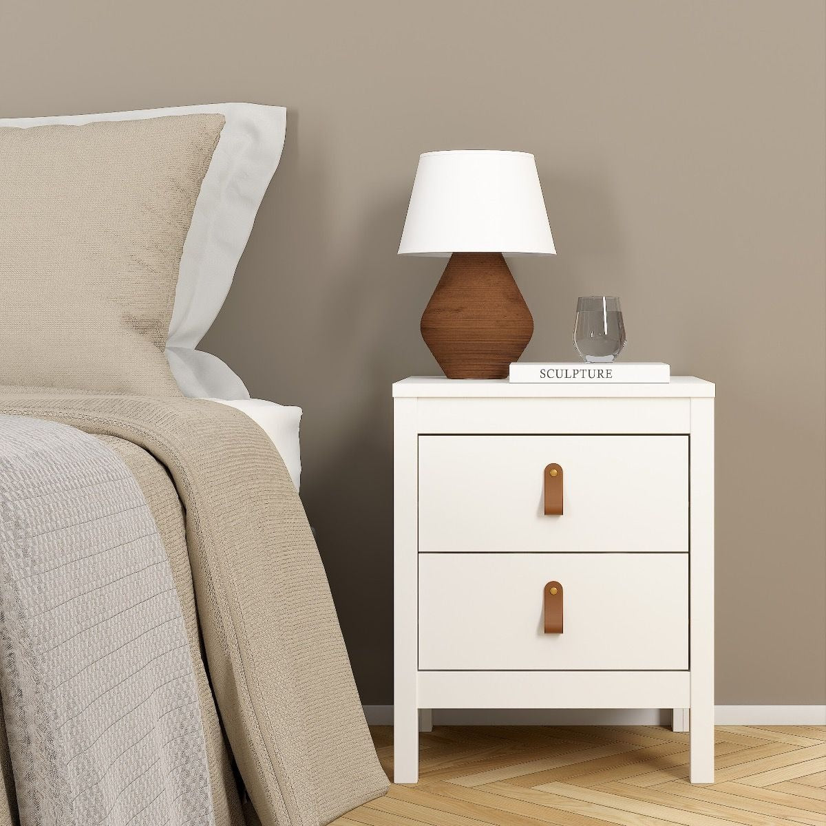 Modern white bedroom set with 2-door wardrobe, chest of drawers, and bedside cabinet.
