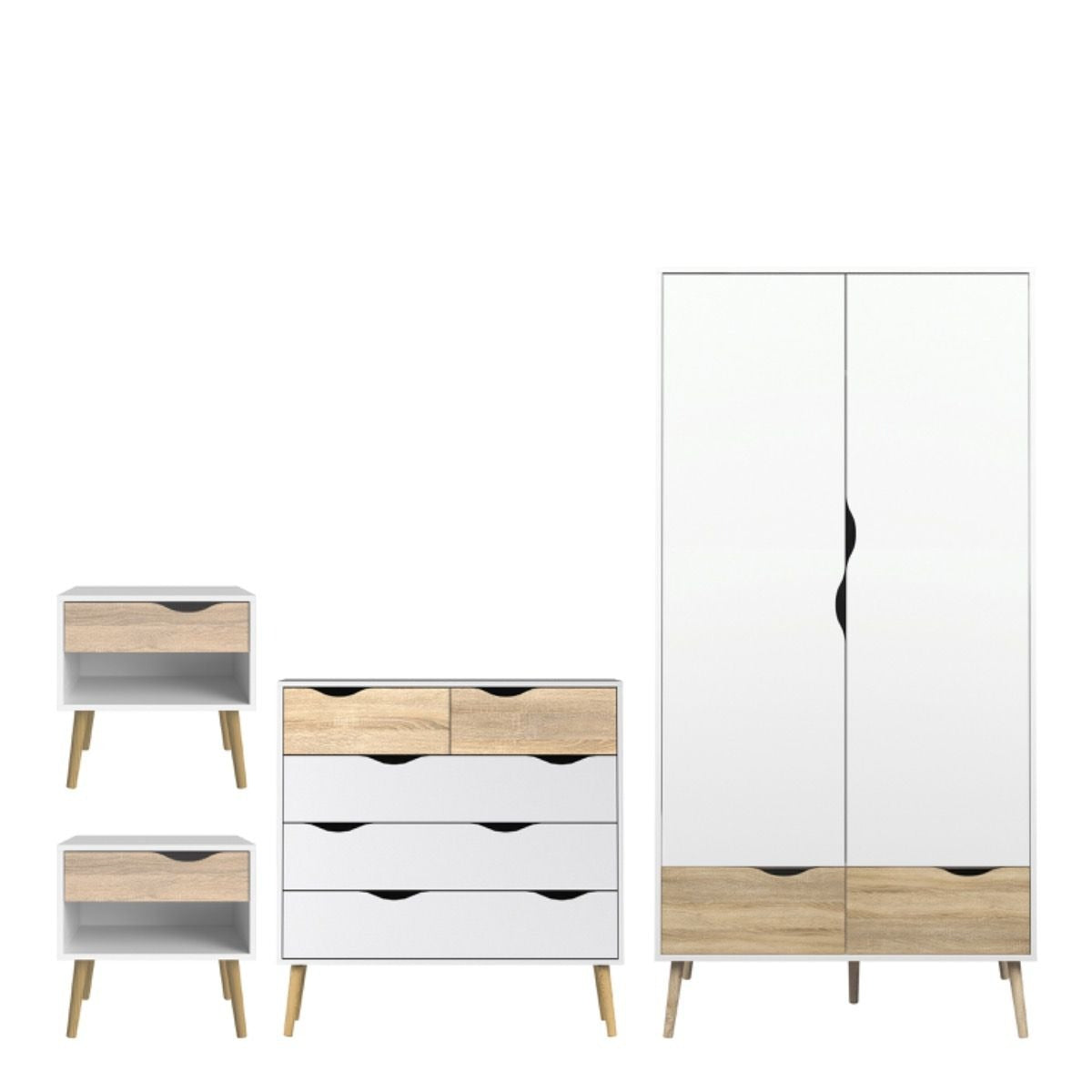 Oslo 4-piece bedroom set in white oak with wardrobe, drawers, and bedside tables.