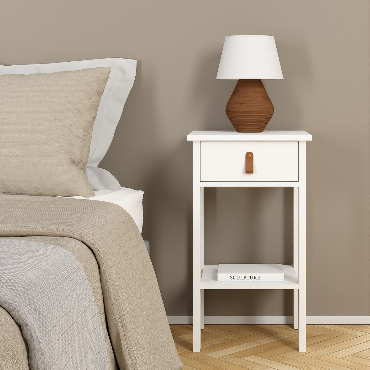 White Bedside Table with Drawer and Shelf