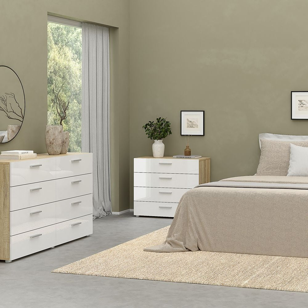 Modern white gloss and oak bedroom furniture set including wardrobe and drawers.