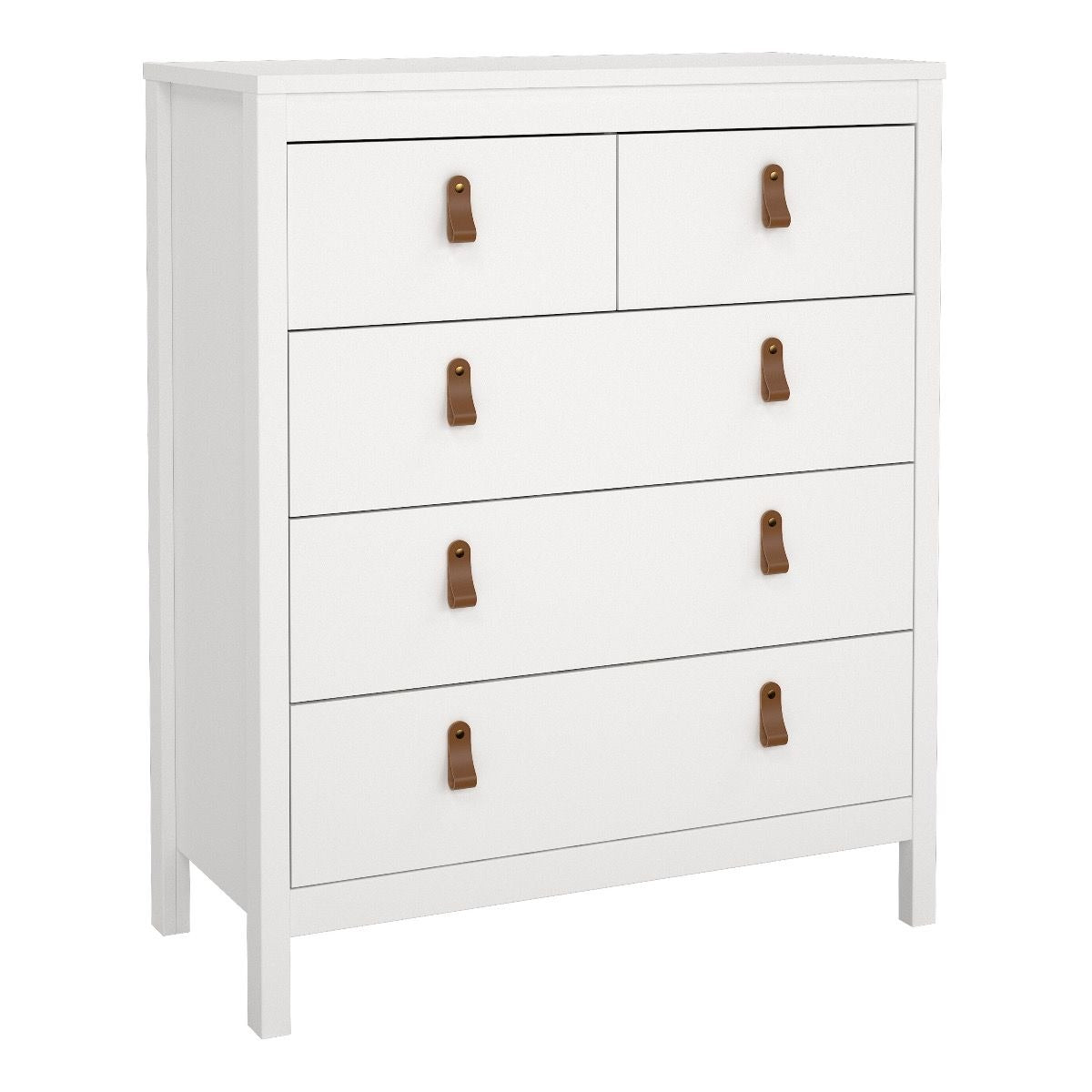 Modern white bedroom set with 2-door wardrobe, chest of drawers, and bedside cabinet.