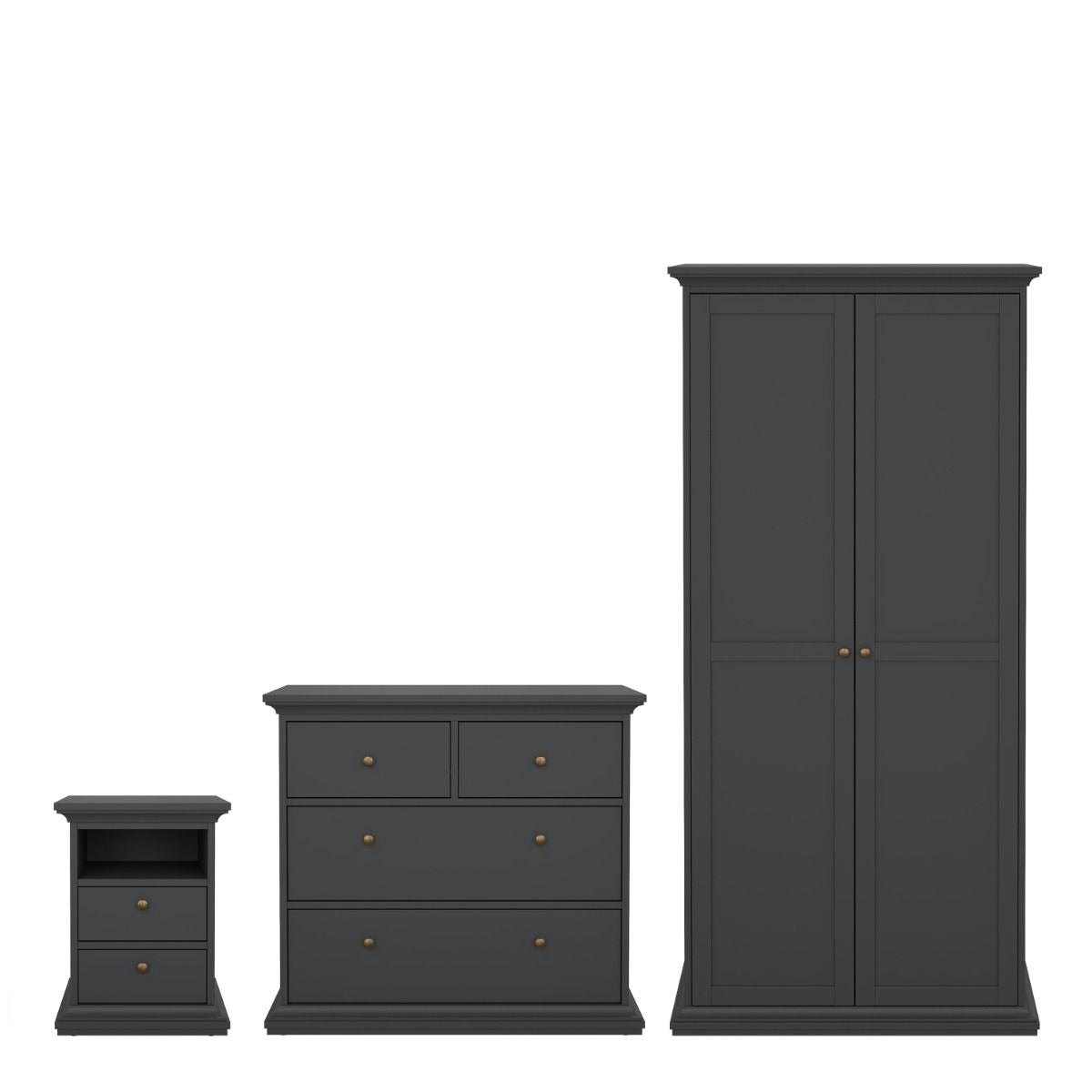 Paris 3-piece bedroom set in matt grey with wardrobe, chest, and bedside table.