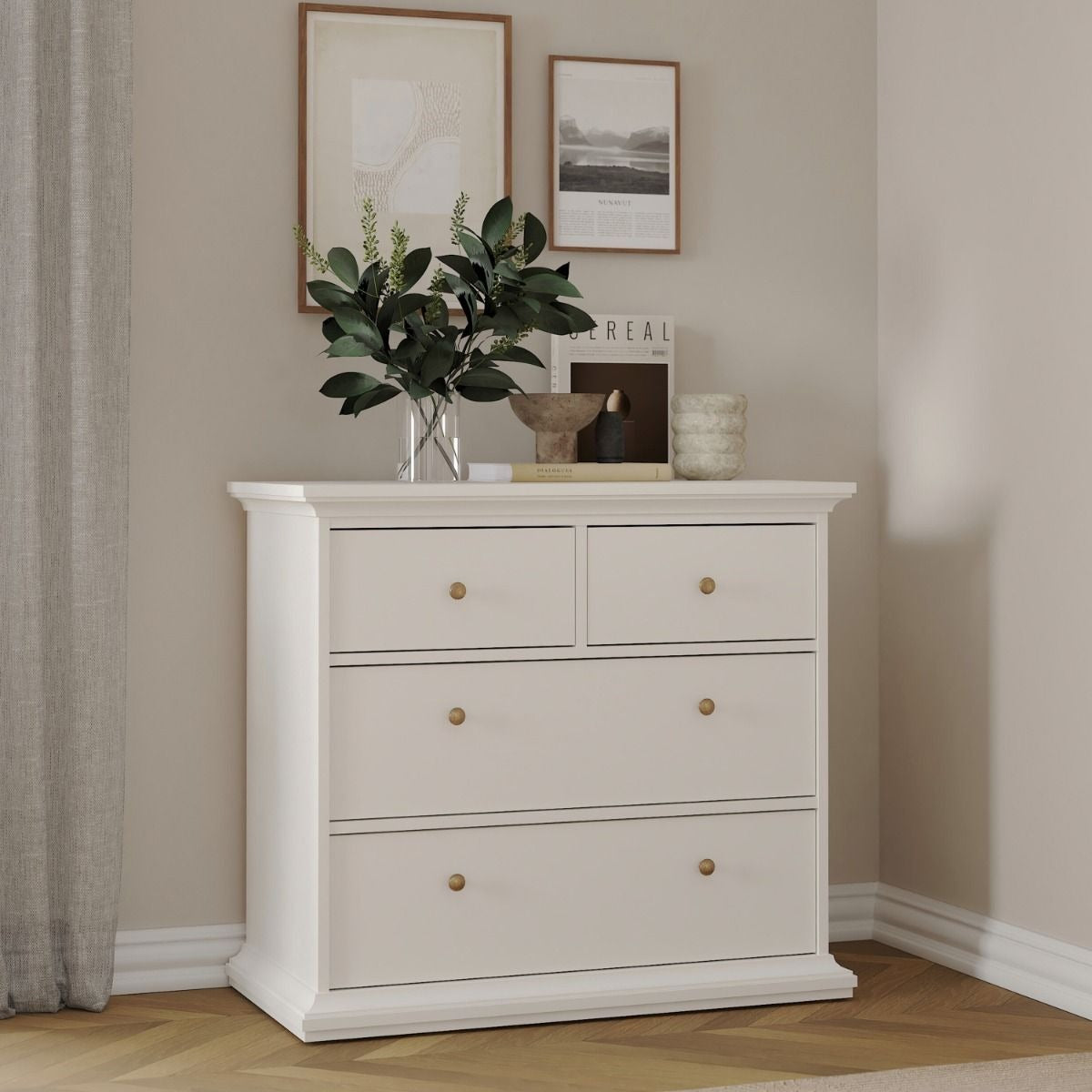 Paris 3-piece white bedroom set with wardrobe, chest, and bedside table.