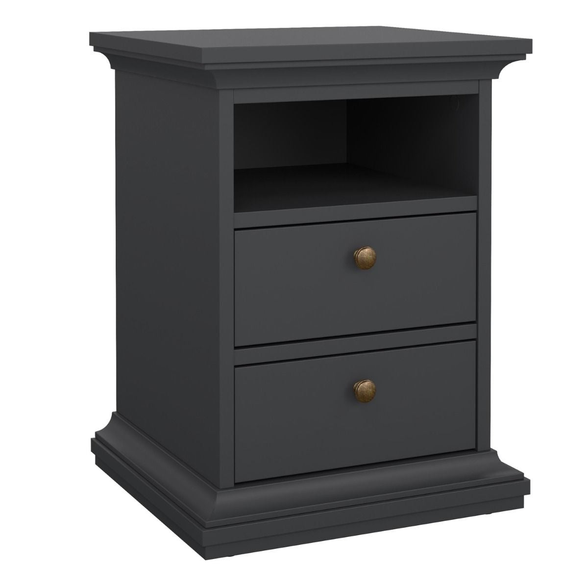 Modern grey bedroom furniture set with 2-door wardrobe and drawers.