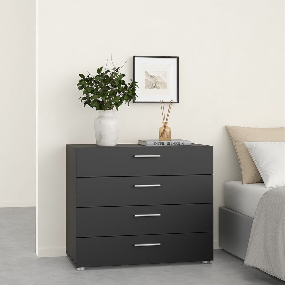 Modern oak and matt black bedroom furniture set including wardrobe and drawers.
