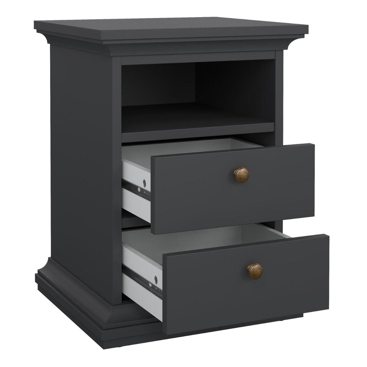 Modern grey bedroom furniture set with 2-door wardrobe and drawers.