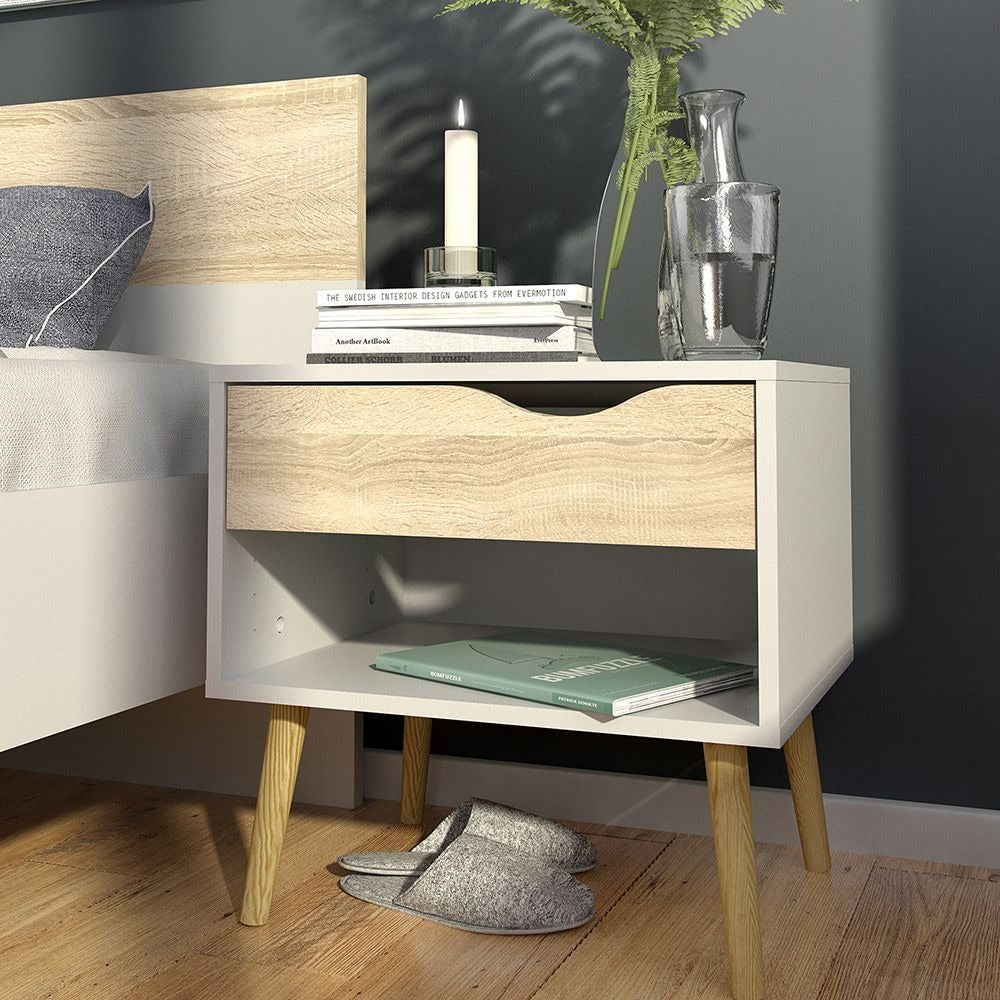 Scandinavian-style white oak bedroom set with modern storage furniture.