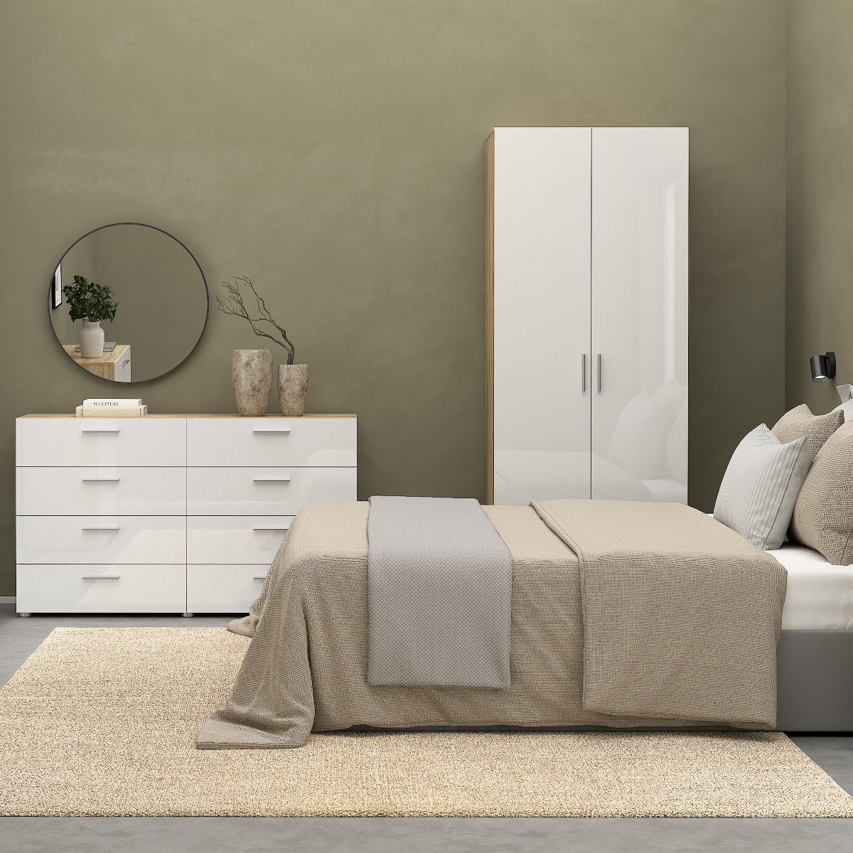Modern white gloss and oak bedroom furniture set including wardrobe and drawers.