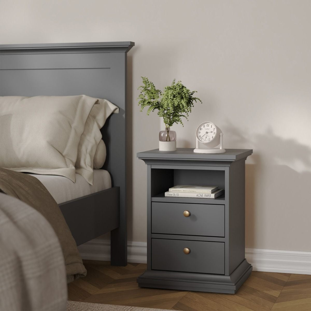 Paris 3-piece bedroom set in matt grey with wardrobe, chest, and bedside table.