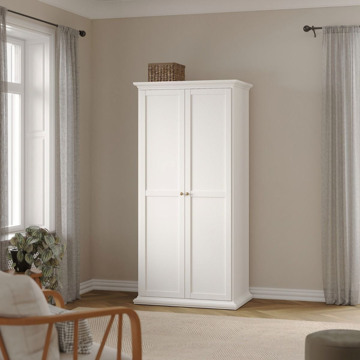 Paris 3-piece white bedroom set with wardrobe, chest, and bedside table.