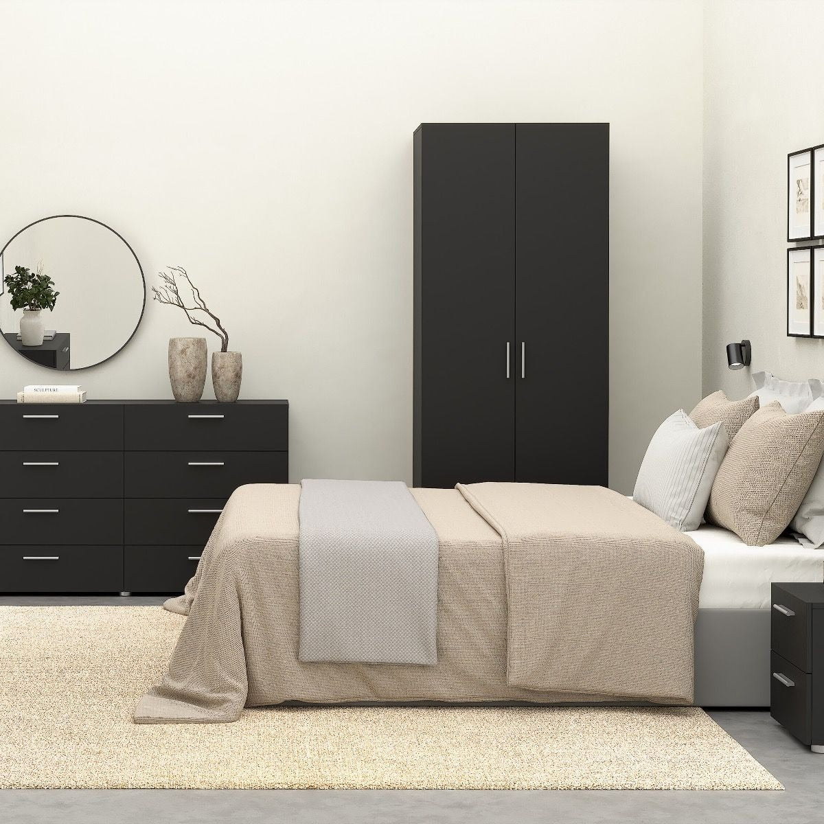 Modern oak and matt black bedroom furniture set including wardrobe and drawers.