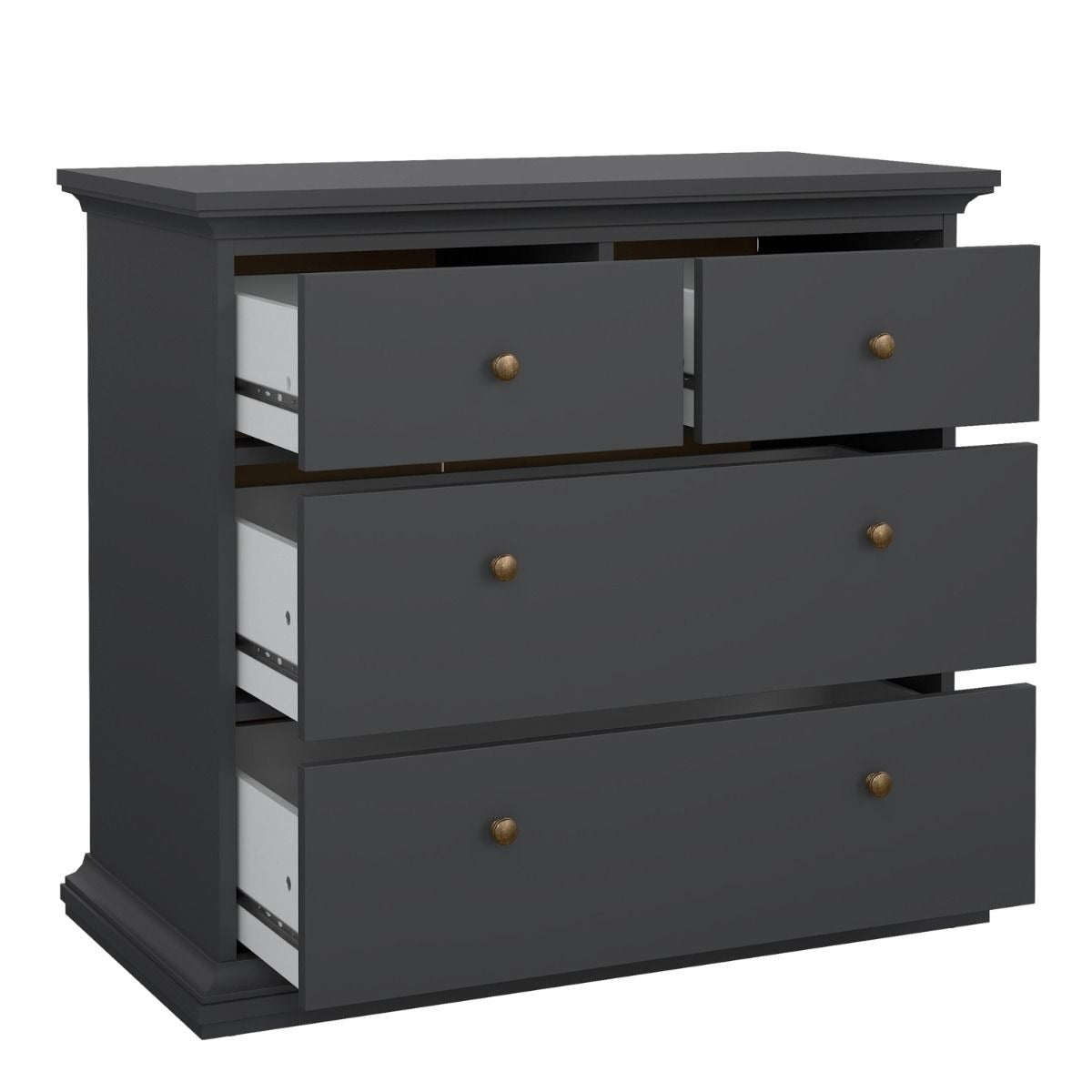 Modern grey bedroom furniture set with 2-door wardrobe and drawers.