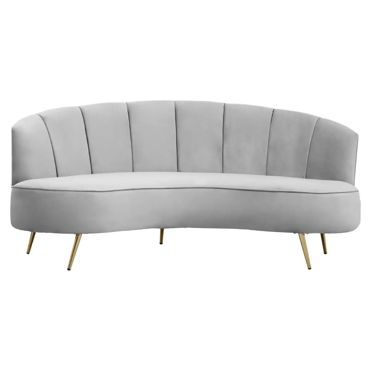 Grey velvet curved 3 seater sofa with gold legs and pleated backrest in mid-century style