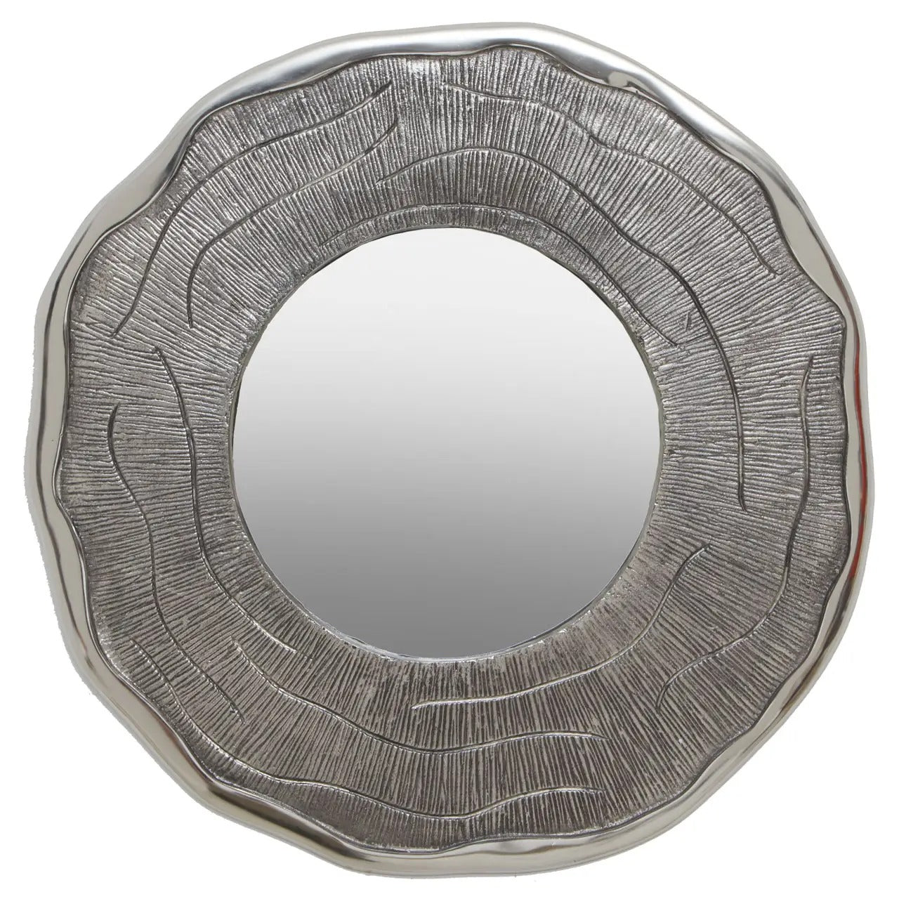 Round mirror with textured silver frame on a white background