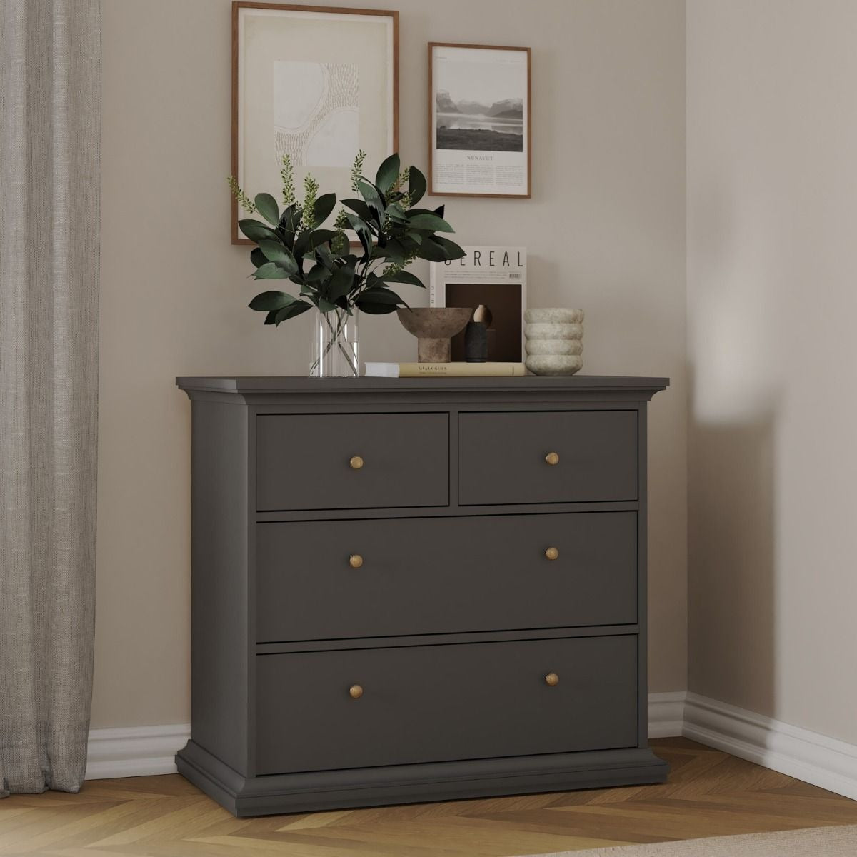 Paris 3-piece bedroom set in matt grey with wardrobe, chest, and bedside table.
