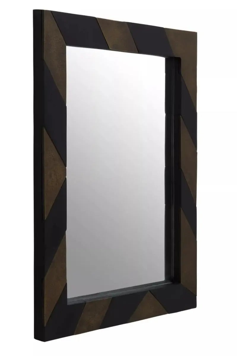 Geometric wall mirror with black and gold metal frame, ideal for modern luxe interiors and statement wall styling