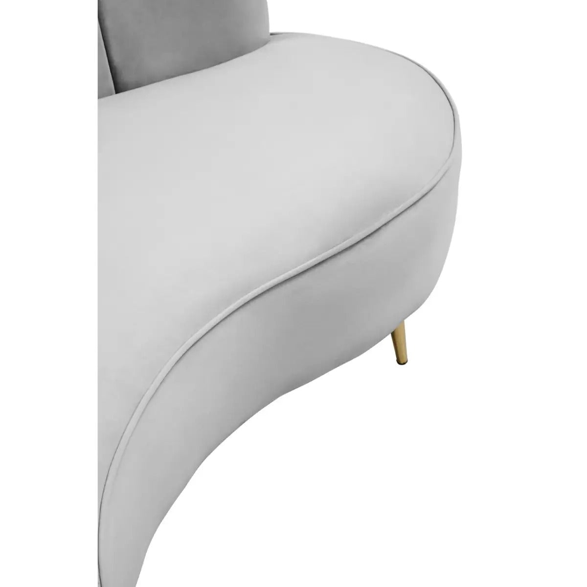Grey velvet curved 3 seater sofa with gold legs and pleated backrest in mid-century style
