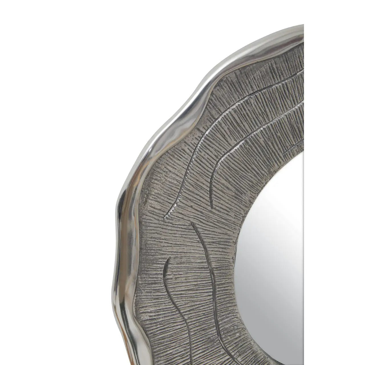 Round mirror with textured silver frame on a white background