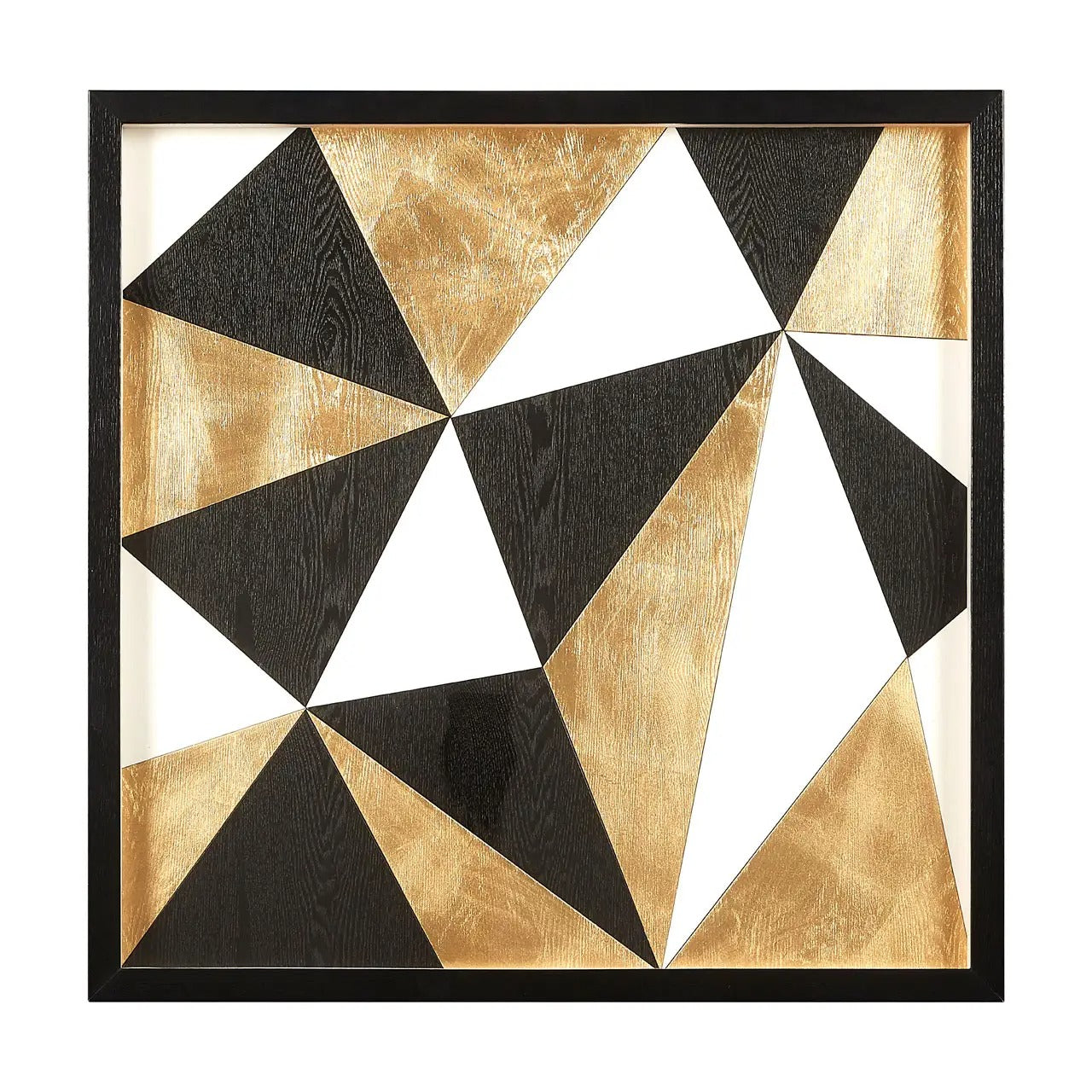 Geometric triangle pattern wall art with black, gold, and white colors on a white background.