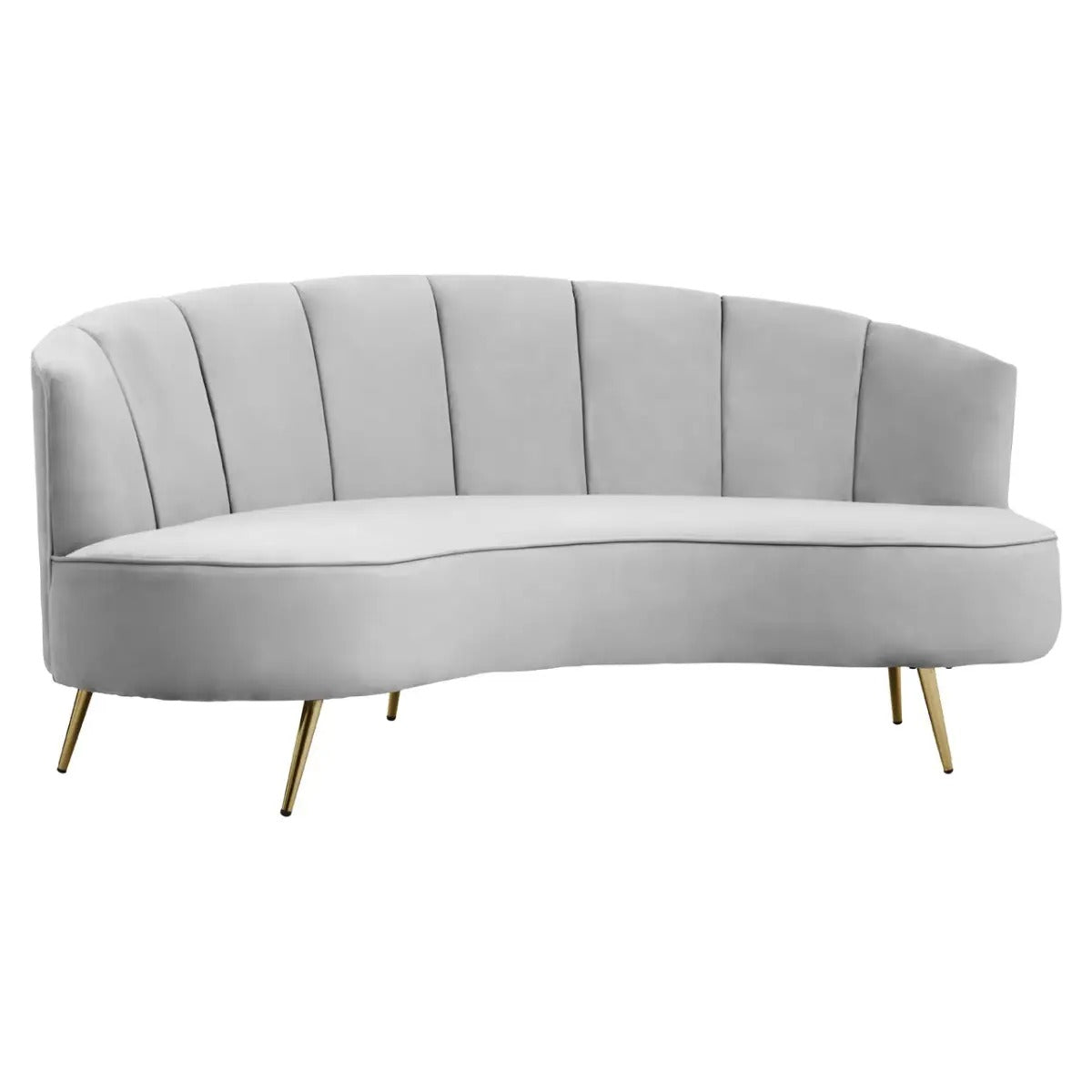 Grey velvet curved 3 seater sofa with gold legs and pleated backrest in mid-century style