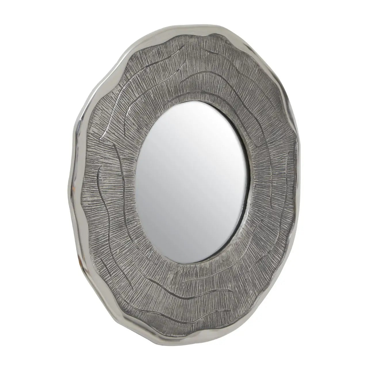 Decorative mirror with textured silver frame on a white background
