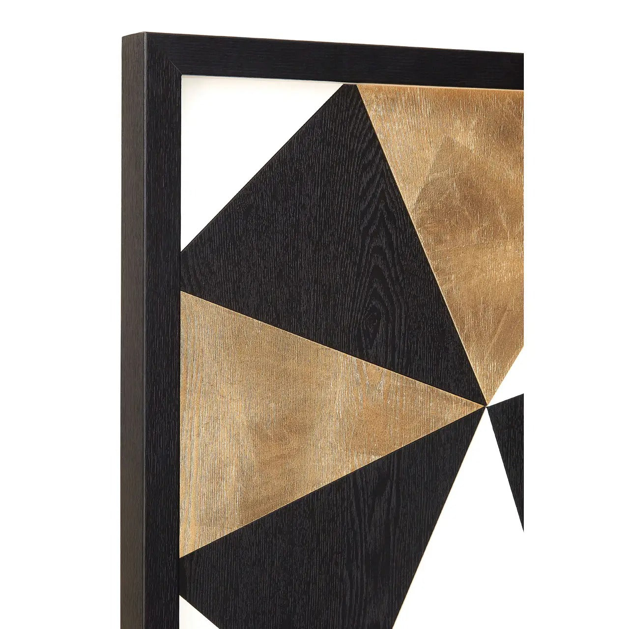 Geometric wall art with black and gold triangles on a white background