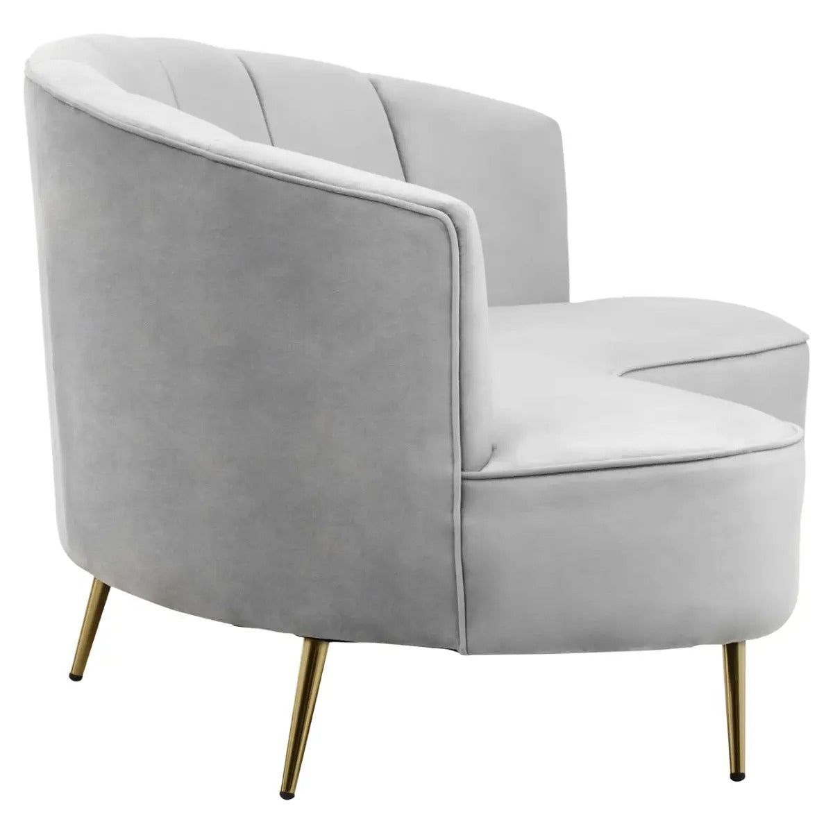 Grey velvet curved 3 seater sofa with gold legs and pleated backrest in mid-century style