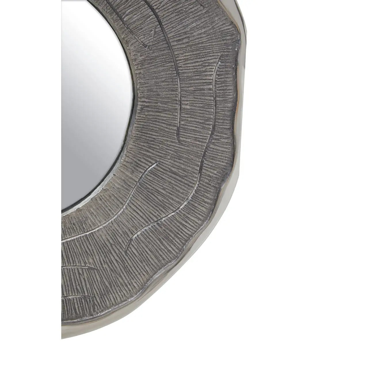 Round mirror with textured gray frame on a white background