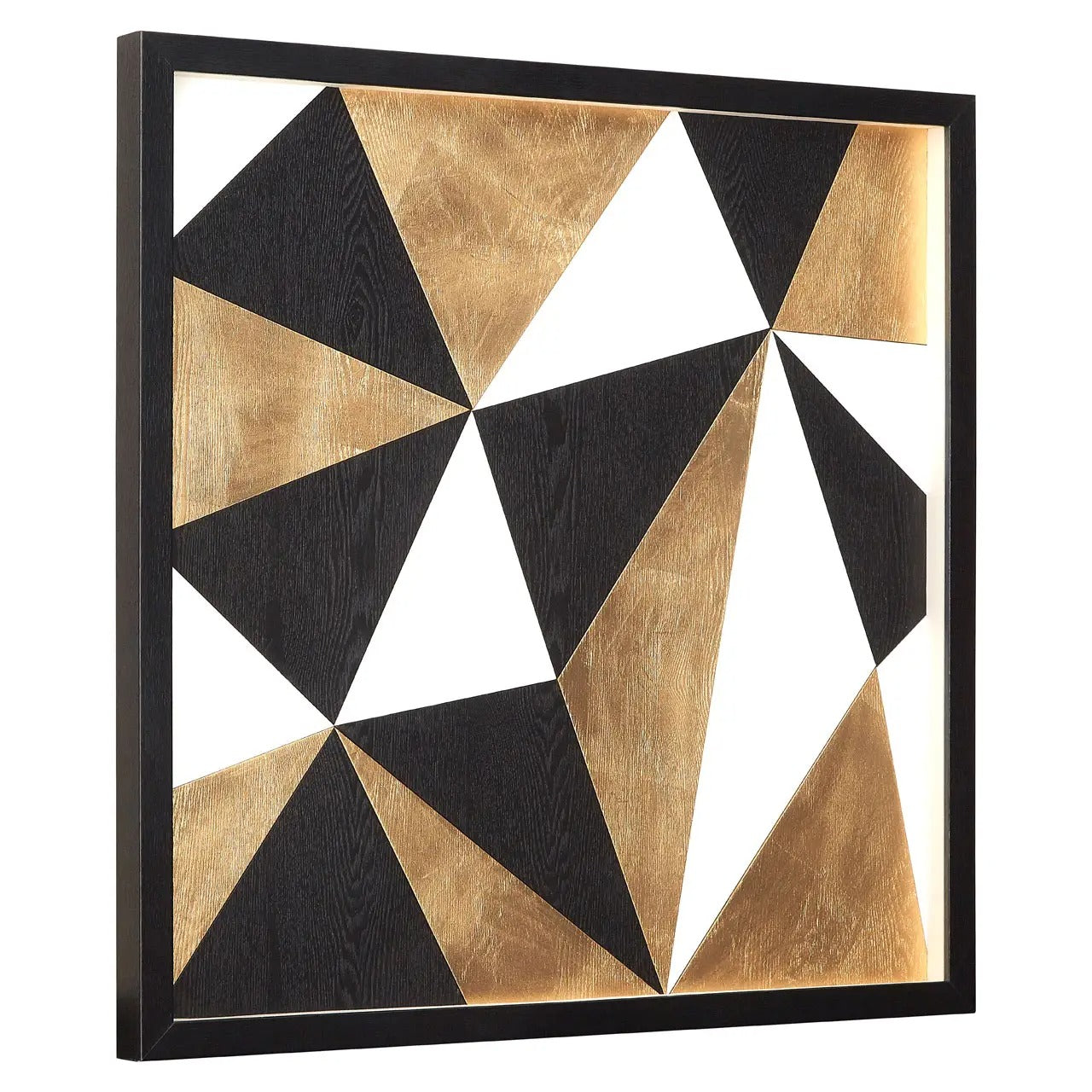 Geometric triangle pattern wall art with black, gold, and white colors on a white background.