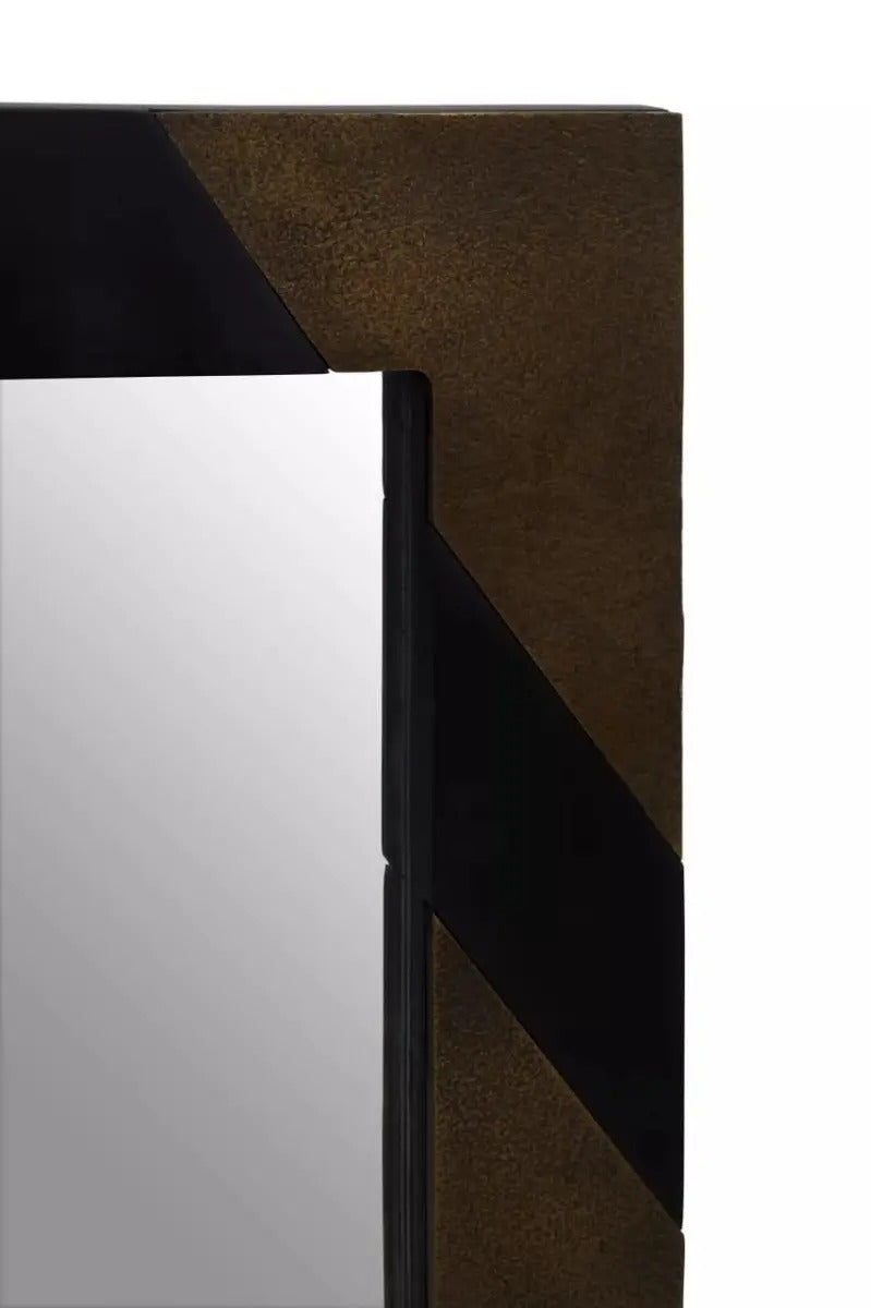Geometric wall mirror with black and gold metal frame, ideal for modern luxe interiors and statement wall styling