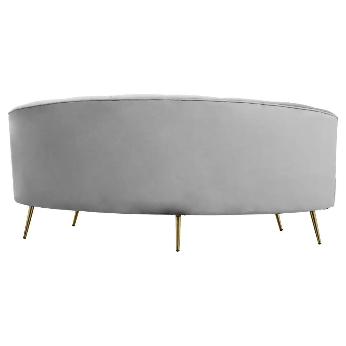 Grey velvet curved 3 seater sofa with gold legs and pleated backrest in mid-century style