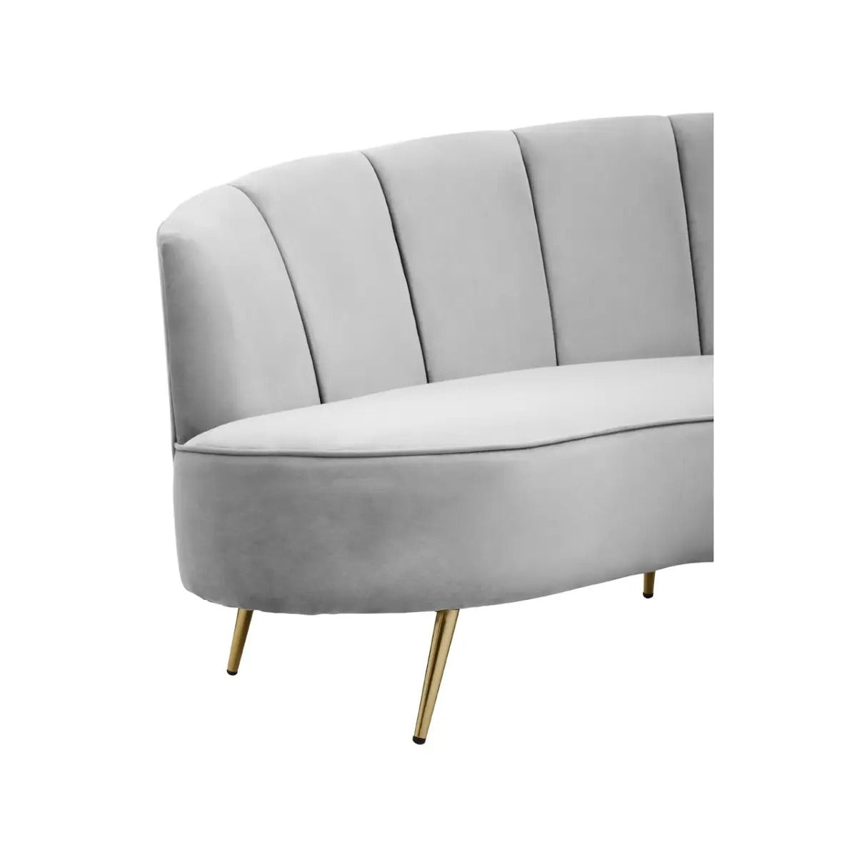 Grey velvet curved 3 seater sofa with gold legs and pleated backrest in mid-century style