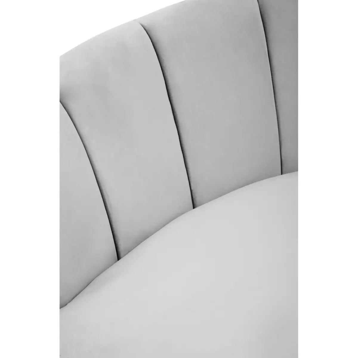 Grey velvet curved 3 seater sofa with gold legs and pleated backrest in mid-century style