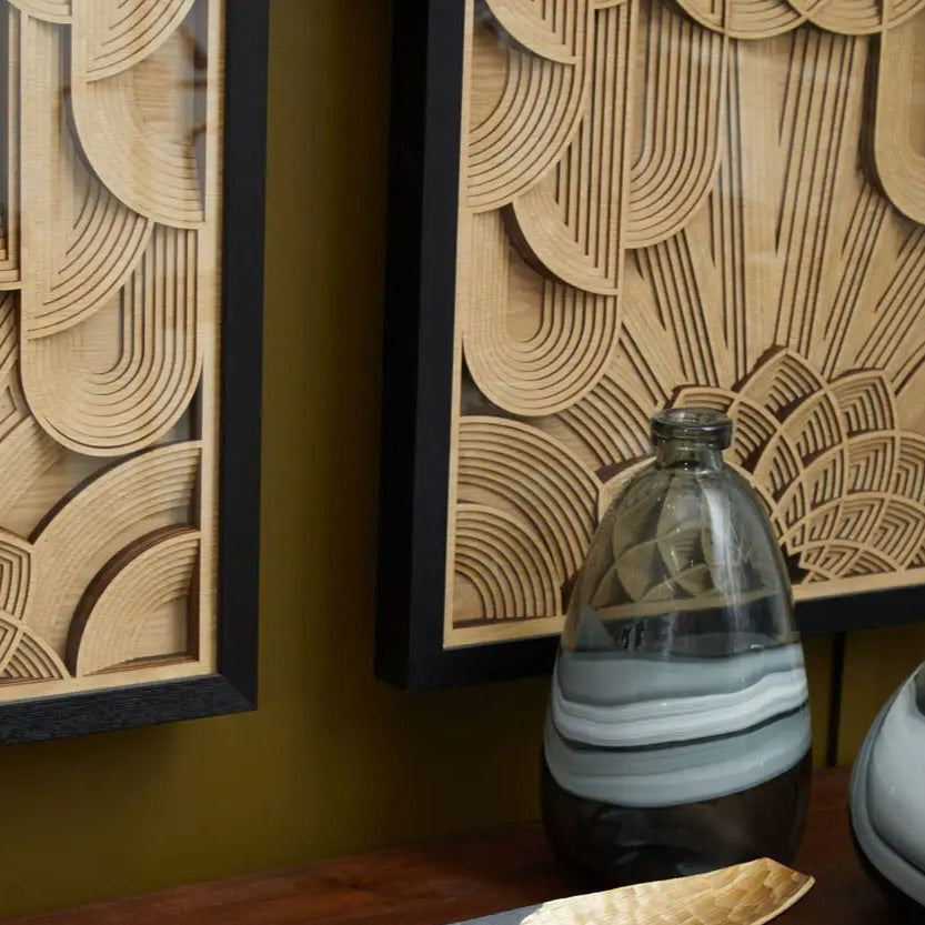 Rectangular carved wood wall art with whitewashed geometric design, ideal for warm minimalist and Japandi interiors