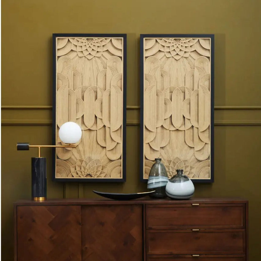 Rectangular carved wood wall art with whitewashed geometric design, ideal for warm minimalist and Japandi interiors