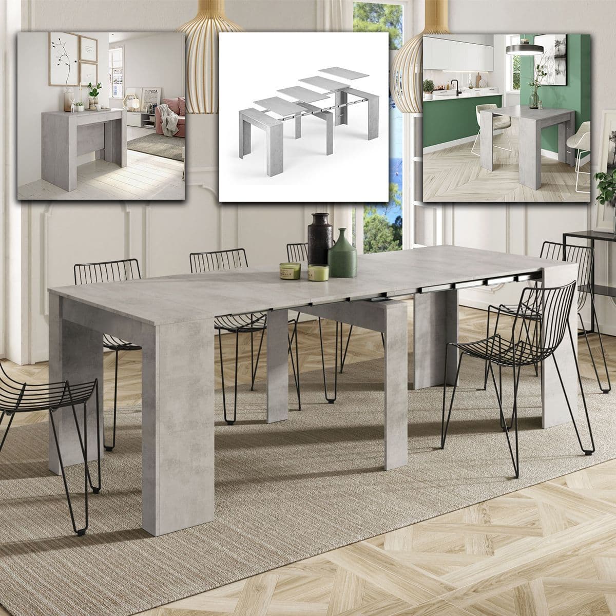 Luiz Concrete Grey Effect Large Extending Dining Table – Seats Up to 10 | Modern Extendable Dining Table