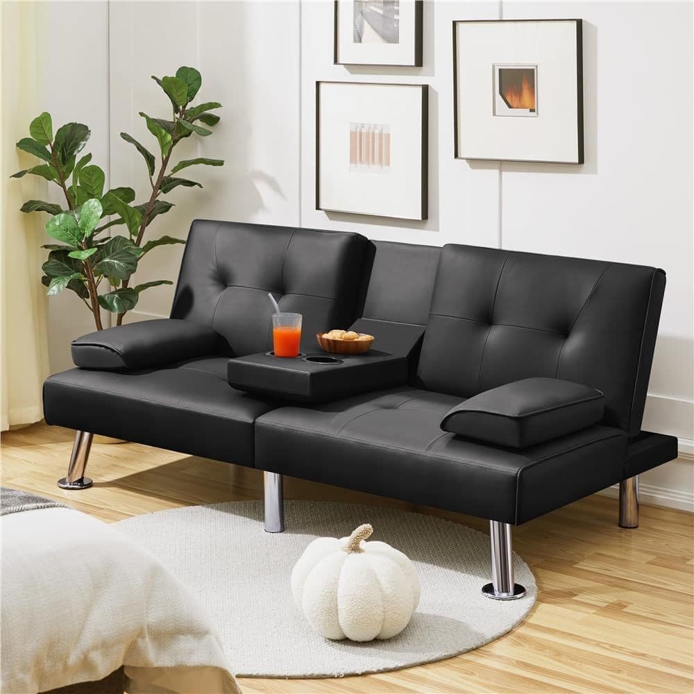ZEKE Black PU Leather Sofa bed-Chromed Legs 2 Seater Versatile Sofa – Modern Sofas | Maison Alera