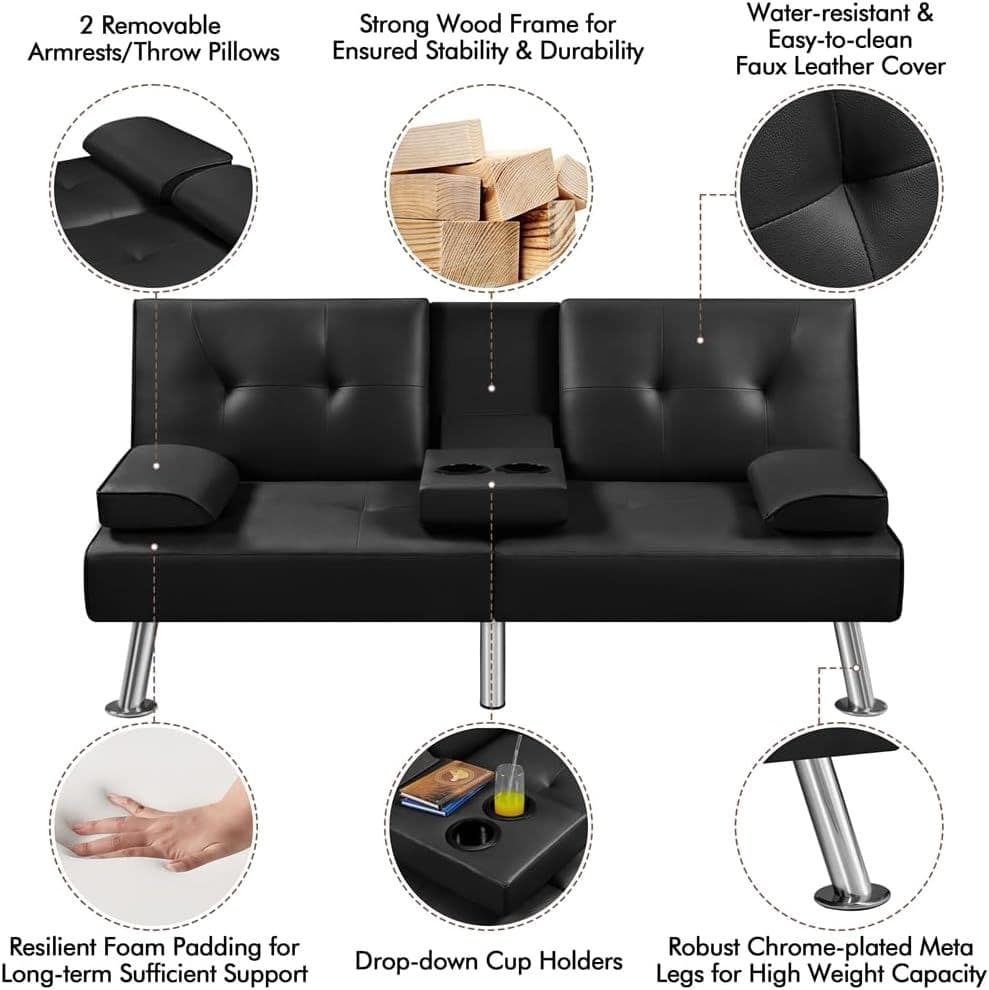 ZEKE Black PU Leather Sofa bed-Chromed Legs 2 Seater Versatile Sofa – Modern Sofas | Maison Alera